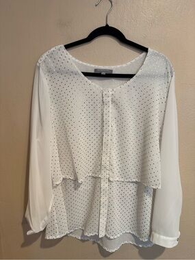 NY Collection White Layered Button Long-Sleeve Blouse with Gold Studded Detail